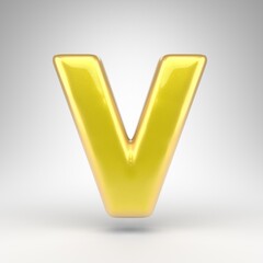 Letter V uppercase on white background. Yellow car paint 3D letter with glossy metallic surface.