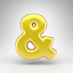 Ampersand symbol on white background. Yellow car paint 3D sign with glossy metallic surface.