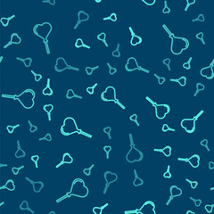 Green line Balloons in form of heart with ribbon icon isolated seamless pattern on blue background. Vector.