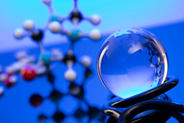 Healthcare concept. Stethoscope and medicines. Blue table and background.