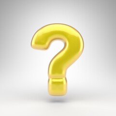 Question symbol on white background. Yellow car paint 3D sign with glossy metallic surface.