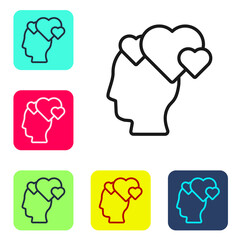 Black line Human head with heart icon isolated on white background. Love concept with human head. Set icons in color square buttons. Vector.