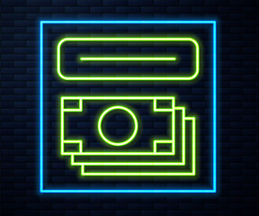 Glowing neon line ATM - Automated teller machine and money icon isolated on brick wall background. Vector.