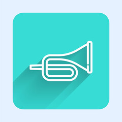 White line Musical instrument trumpet icon isolated with long shadow. Green square button. Vector.