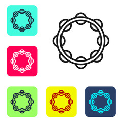 Black line Musical instrument percussion tambourine, with metal plates icon isolated on white background. Set icons in color square buttons. Vector.