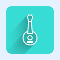 White line Banjo icon isolated with long shadow. Musical instrument. Green square button. Vector.