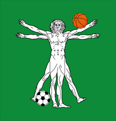 Ball and Stylized sketch of the Vitruvian man or Leonardo's man. Homo vitruviano vector illustration based on Leonardo da Vinci artwork 