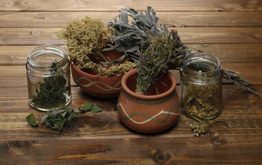 Dried elder, mealy sage, linden flowers, nettle and thyme plant on wooden plank table background and texture