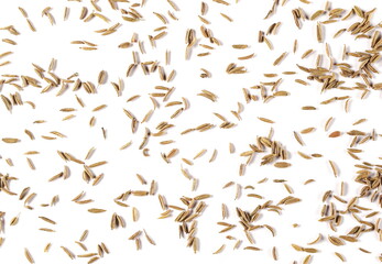 Cumin, caraway seeds pile isolated on white background, top view