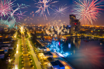 Fireworks display in Gdynia by the Baltic Sea. Poland