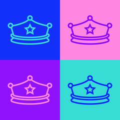 Pop art line Police cap with cockade icon isolated on color background. Police hat sign. Vector.