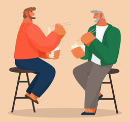 Two men friends sitting on chair eating noodles in restaurant isolated. Male characters holding sticks and boxes with japanese food. Business partners has dinner in a cafe cartoon flat vector