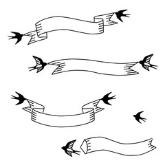 Hand drawn ribbon banner with swallows, vector illustration set