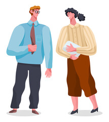 Fototapeta premium Business people man and woman communicating standing on white background. Smiling friendly colleagues wearing formal clothes vector flat design. Office staff meeting, appointment of business partners