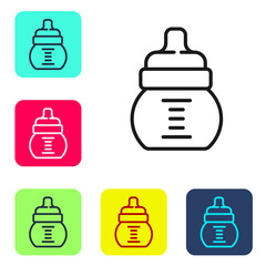 Black line Baby bottle icon isolated on white background. Feeding bottle icon. Milk bottle sign. Set icons in color square buttons. Vector.