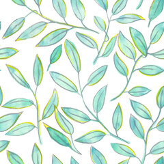 Naklejka na ściany i meble Watercolor and pastel branches with leaves seamless pattern on a white background. Hand-drawn greenery endless print. Cute natural wallpaper backdrop.