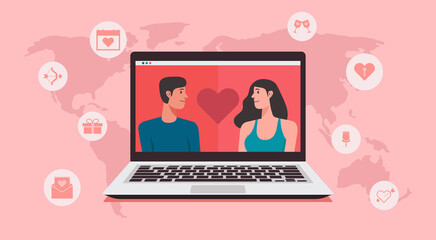 online dating or long distance relationship of couple virtual meeting on laptop concept with love icons on the world map, vector flat illustration