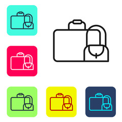 Black line Suitcase for travel icon isolated on white background. Traveling baggage sign. Travel luggage icon. Set icons in color square buttons. Vector.