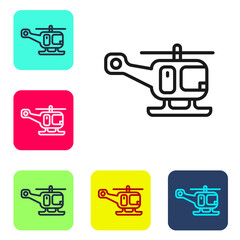 Black line Rescue helicopter aircraft vehicle icon isolated on white background. Set icons in color square buttons. Vector.