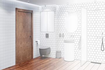 The sketch becomes a real bathroom interior with a partition shower, heated towel rail, the oval mirror above the washbasin, cabinet above wall-hung toilet, wooden door, and tiled floor. 3d render