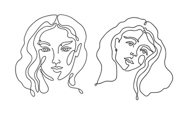 Continuous line drawing. Girl isolated on white background.  Creative contemporary freehand style. Hand drawn artwork. Set collection.  Poster, print, wallpaper, banner. Black and white. Logo, label