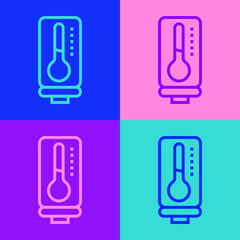 Pop art line Meteorology thermometer measuring heat and cold icon isolated on color background. Thermometer equipment showing hot or cold weather. Vector.