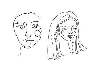 Continuous line drawing. Girl isolated on white background.  Creative contemporary freehand style. Hand drawn artwork. Set collection.  Poster, print, wallpaper, banner. Black and white. Logo, label