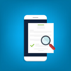 Online digital document inspection or assessment evaluation on smartphone, contract review, analysis, inspection of agreement contract, compliance verification. Vector illustration