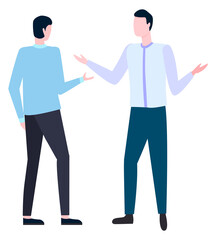Fototapeta premium Two businessman arguing how to write business plan. Vector office workers in white collars discussing business problems, cartoon managers broker agents