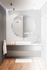 The sketch becomes a real black and white bathroom with a large round mirror on a white mosaic wall, an overhead washbasin on a wooden cabinet, an orchid, a towel, a rug on a wooden floor. 3d render