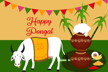 illustration of Happy Pongal Holiday Harvest Festival of Andhra Pradesh South India greeting background with cow, Pongal pots, sugar canes, banana leaf, bananas, coconut, decorative paper garland. 
