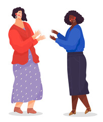 Happy meeting of two friends, women are glad to see each other, emotional meeting of colleagues at work. Surprised vector cartoon female characters raised hands get ready to hug, good relationship