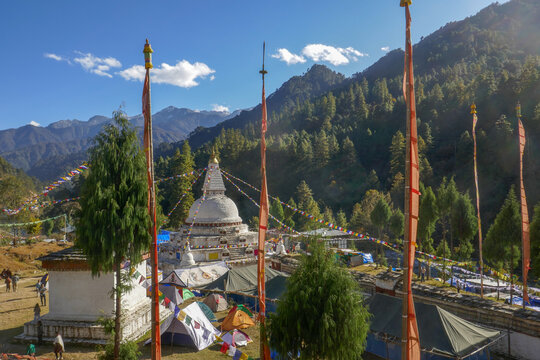 Buddhist monument Chendebji chorten near Trongsa in Central Bhutan is a stupa built in the Nepalese style seen with prayer flags and banners during annual festival