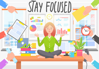 Businesswoman sitting at table in office and meditating with closed eyes. Woman ignoring busy workers with troubles, calls, deadlines. Yoga exercise to calm down stress or stressful emotions