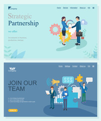 Strategic partnership and join our team webpage, people investments and supports. Looking for professional, investments in business, company startup vector. Website or landing page template online