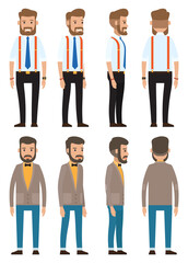 Stylish businessman. Man in fashionable business clothes set. Cartoon illustration of a handsome bearded businessman front, side, back view. Set of male characters in formal wear two office workers