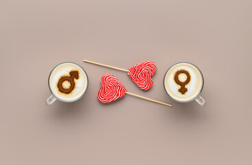 Two cups of coffee with symbols of mars and venus on whipped milk foam and couple of lollipops in heart shape on beige tabletop. Concept romantic date on Valentine's day. Flat lay