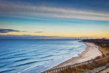 Aerial scenery of the Baltic Sea in New Port at sunset, Gdansk. Poland