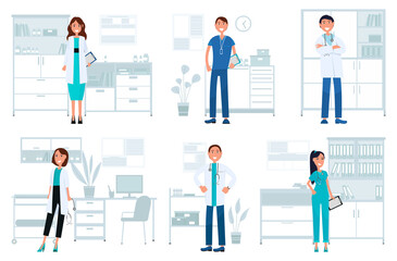 Set of illustrations on preparation of therapists for receiving patients. Doctors with phonendoscopes. Hospital worker spending time in medical institution. Therapist examines patients with equipment