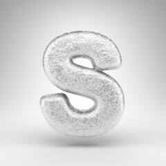 Letter S uppercase on white background. Creased aluminium foil 3D letter with gloss metal texture.