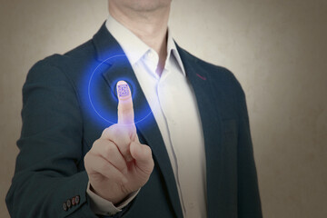 Hi tech biometric control. Human QR code on finger. Control of person life by computer. Сoncept of electronic control of people lives. Toned image