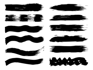 Vector collection of artistic grungy black paint hand made creative brush stroke set isolated on white background. A group of abstract grunge sketches for design education or graphic art decoration