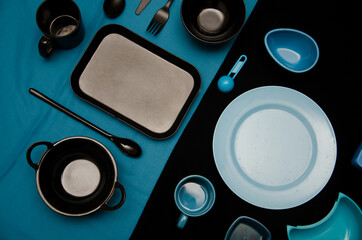 Set of Blue colored dishes on Black background and Black colored dishes on Blue background