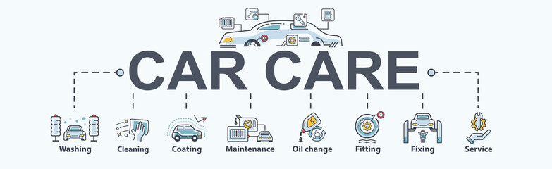 Car care banner web icon for business, wash, cleaning, coating, oil change, fitting, auto service, fix and maintenance. Minimal cartoon vector infographic.