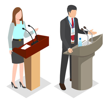 Isometric image of the speakers of woman with report and man with badge standing behind the pulpit and microphones. People make speech in front public. Presenters stand on podium. Public performance