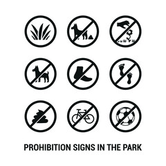Vector image. Prohibition icons in parks. Forbidden to ride a bike, step on the grass, poop the dog, pick flowers and play ball.