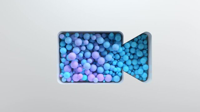 3d bright render background with cut out shape filled with colored spheres. Bright positive concept. Camera shape.