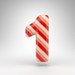 Number 1 on white background. Candy cane 3D number with red and white lines.