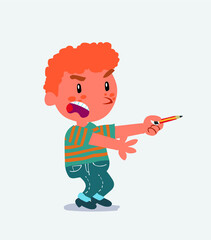 angry cartoon character of little boy on jeans with pencil points to the side