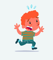 cartoon character of little boy on jeans runs away in terror